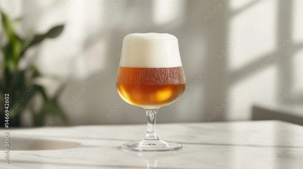 Aufkleber a frothy beer with a rich amber hue served in a glass with intricate etching, placed on a white marb