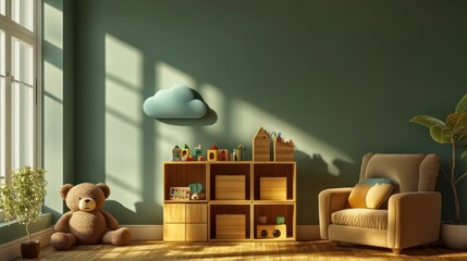 Sunlit playroom with toys, armchair, and plant