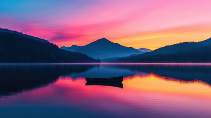 Obraz premium Vibrant sunrise reflecting in calm lake with boat