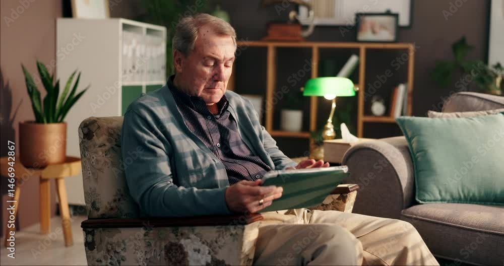 Poster elderly man, tablet and relax on sofa with media, digital album and new memory aid app. senior perso