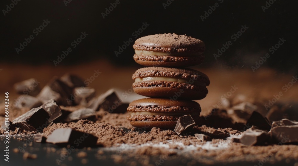 Aufkleber a group of chocolate macarons with a glossy finish, stacked on a dark slate surface, surrounded by c