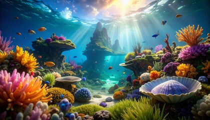 Red tropical coral reef teeming with vibrant marine life and colorful fish underwater