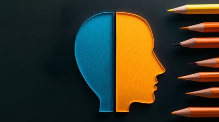 Dual Colored Head Profile with Pencils on Dark Background