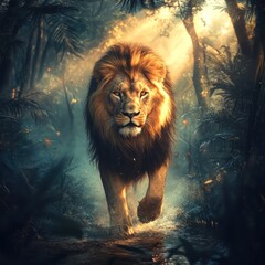 Majestic Lion Walking Through a Tropical Forest at Dawn