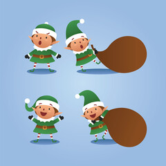 Christmas elf cartoon character set in different poses