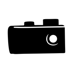 Simple black and white graphical illustration of vintage style camera icon