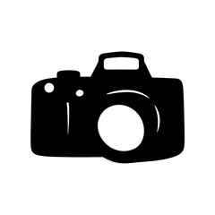 Simple vector graphic of a digital camera with a lens and flash