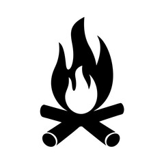 Simple black and white bonfire illustration with four logs and flames rising