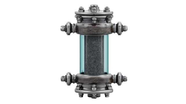 Industrial Cylinder: A detailed depiction of a metallic industrial cylinder, showcasing intricate mechanical components and a transparent glass vessel revealing internal elements.