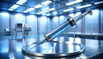 Syringe on Metal Tray in Clean Room