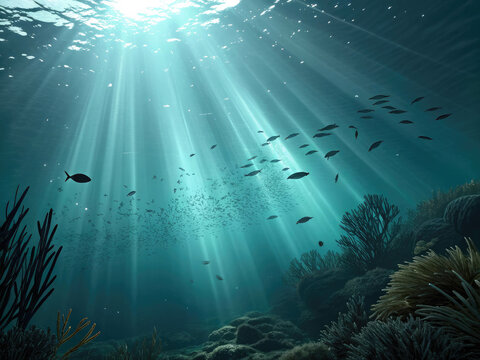 Fond de l'oc&eacute;an ave des rayons de soleil sous l'eau