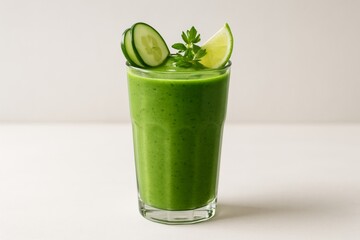 Green smoothie with fresh cucumber and citrus garnishes served in a clear glass on a minimalist background