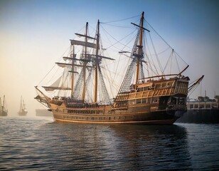 Fototapeta premium An old sailing vessel rests in a harbor, its tall masts and rigging silhouetted against the sky