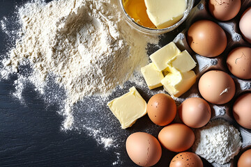 Brown Eggs Butter Flour Baking Ingredients on Dark Background