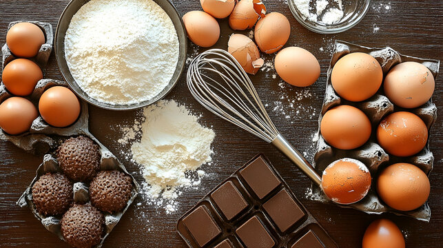 Brown Eggs Flour Chocolate Baking Ingredients Flatlay - Powered by Adobe