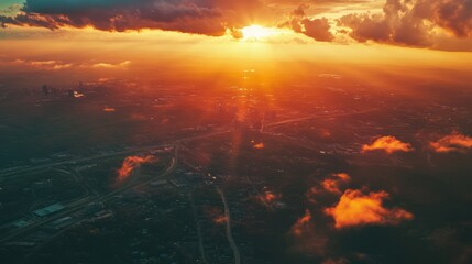 Aerial Sunset Cityscape Highway Intersection at Golden Hour