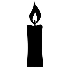 Black silhouette of a single burning candle isolated on a white background