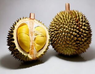 Obraz premium Durian Delight: A close-up view reveals a spiky-skinned durian, its creamy, custard-like flesh inviting the viewer to savor this unique fruit and its tantalizing aroma.