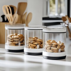 4 clear glass canisters with white plastic rims and black rubber bases