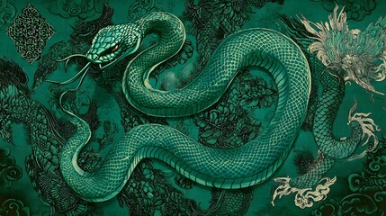 Obraz premium Snake Chinese Zodiac in Emerald Green: An emerald green snake, coiled elegantly with a sinuous body, set against a backdrop of intricate Chinese motifs. 