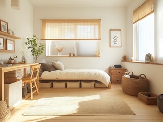 A bright and airy bedroom with light wood floors, white walls