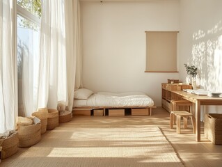 A bright and airy bedroom with light wood floors, white walls