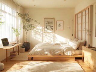A bright and simple Japanese-style bedroom with wooden floors