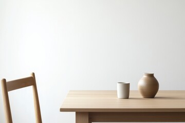 A clean, minimalist dining table with an empty white background. 