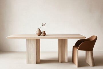 A clean, minimalist dining table with an empty white background.