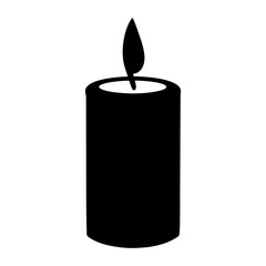 A solitary black candle with a flickering flame against a white background