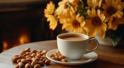 A cup of coffee and nuts on the table in front of a fireplace in autumn