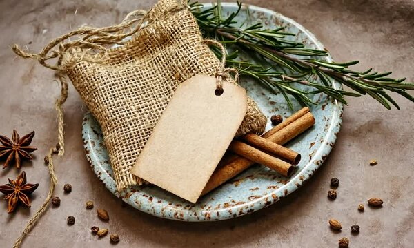 Rustic composition with spices tag and burlap sack on a decorative plate