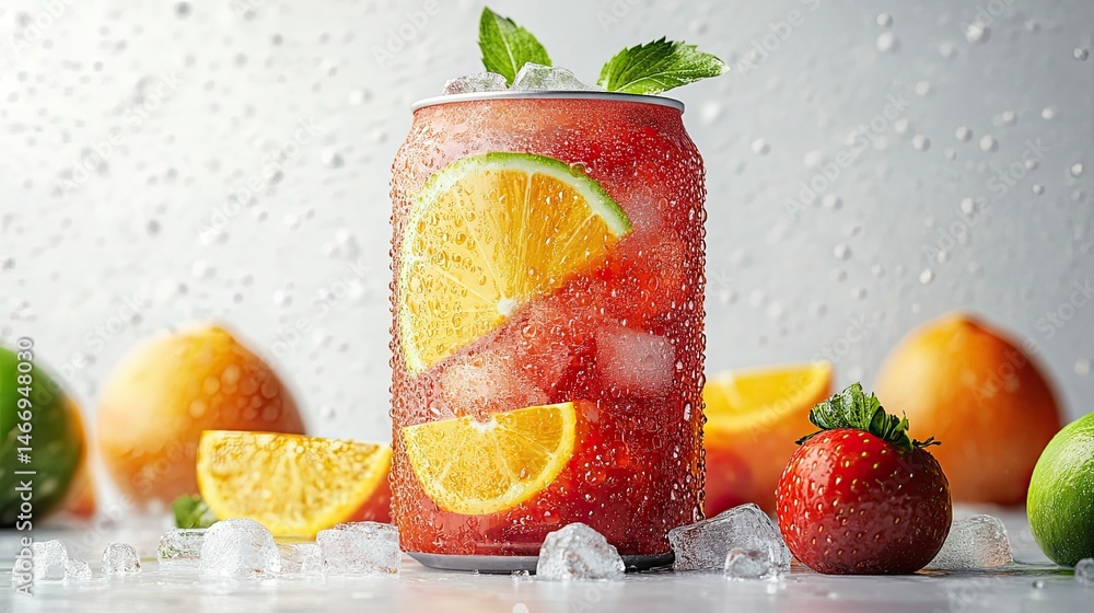 Poster for cool drink visualizations, a transparent background is used to isolate a can of cold beverage wi