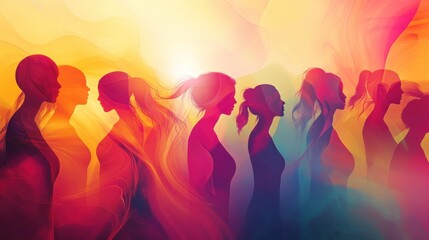 Colorful silhouettes of women walking towards the light, a vibrant, abstract representation of female empowerment and movement.