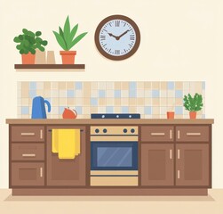 Fototapeta premium A flat vector illustration of a simple kitchen scene with brown cabinets