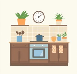 A flat vector illustration of a simple kitchen scene with brown cabinets
