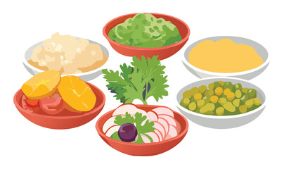 Healthy Salad Platter with Fresh Vegetables and Dip and Herbs - Vector Illustration