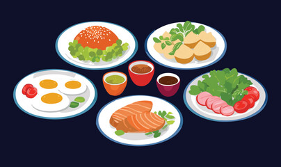 Balanced Meal Plate with Vegetables and Meat and Eggs and Sauce - Vector Illustration