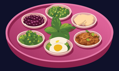 Meal Platter with Assorted Vegetables and Eggs and Side Dishes - Vector Illustration