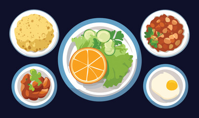 Fresh Salad and Rice and egg and Meat - Vector Illustration