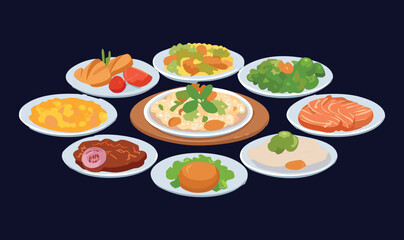 Complete Meal Dish Menu Vegetables and meat and Rice and Fruit - Vector Illustration 