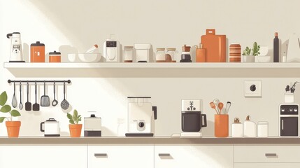 A kitchen scene with an empty shelf on the wall