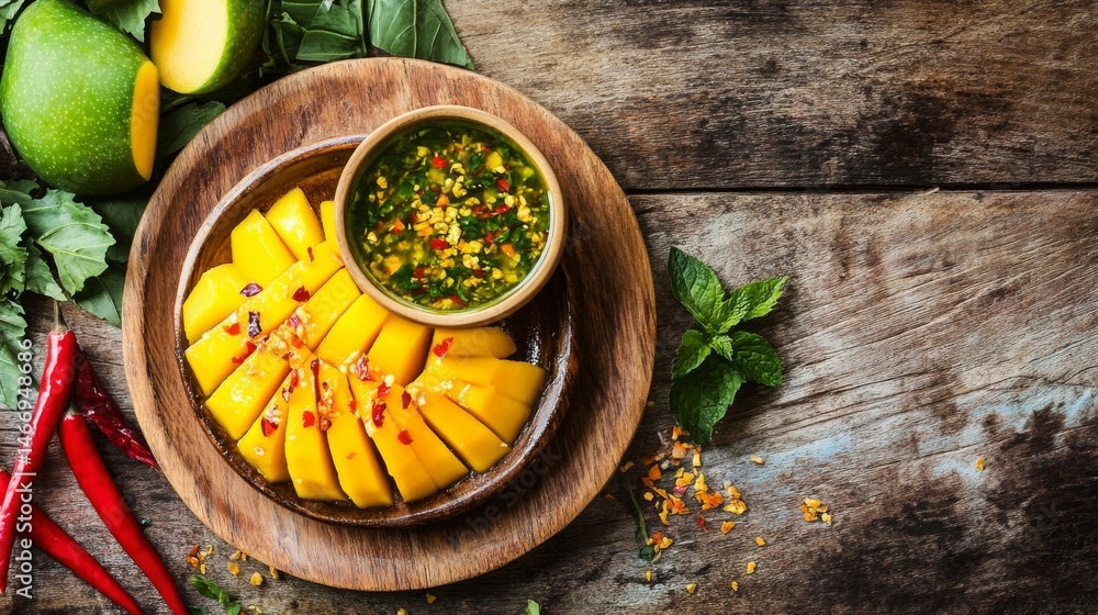 Aufkleber a rustic wooden table with a plate of sliced sour mangoes and a bowl of sweet fish sauce, garnished 