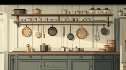 Obraz premium A kitchen scene with cabinets, shelves,