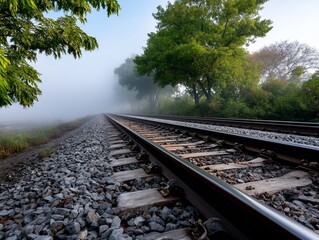 Fototapeta premium Misty morning on a railway track, trees line the way