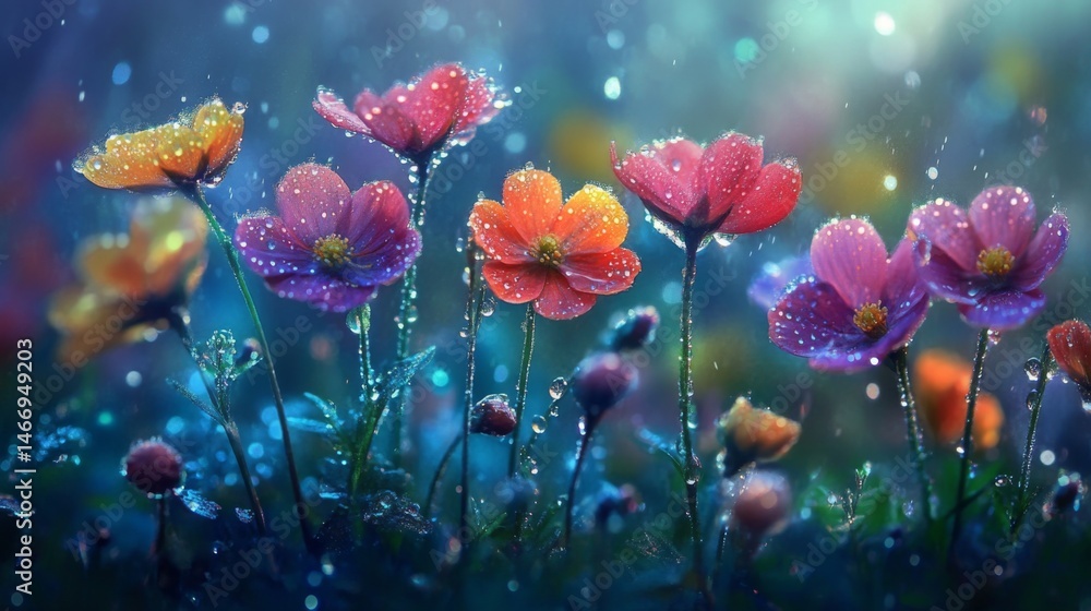 Poster a serene scene of a cluster of colorful wildflowers covered in morning dew, with droplets reflecting