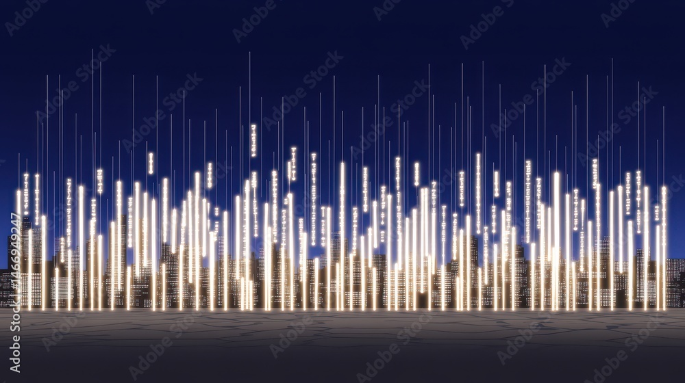 Poster abstract night scene with vertical light bars and soft colors, illuminated structures against dark b