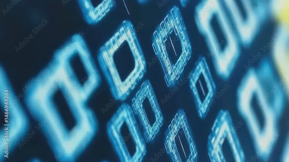 Poster abstract digital pattern of glowing blue squares on a dark background with futuristic technology des