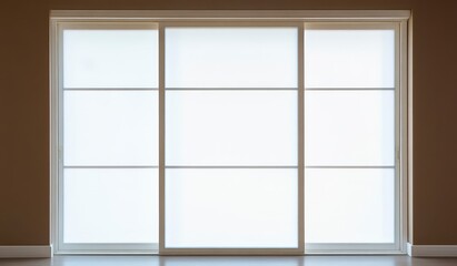 A photograph of a large Japanese sliding window with a white screen