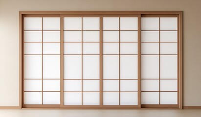 A photograph of an empty Japanese sliding window with a light brown frame and white glass